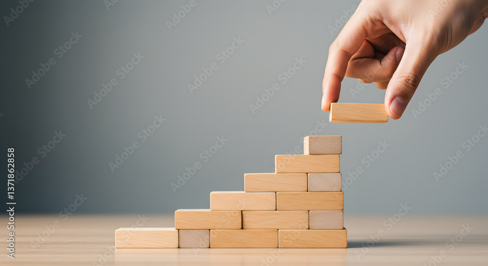 Hand Arranging Wooden Blocks into a Rising Staircase on Wooden Table Against Gray Background Hand Arranging Wooden Blocks into a Rising Staircase on Wooden Table Against Gray Background