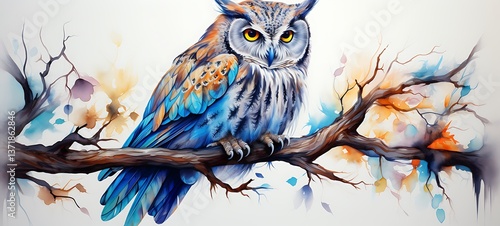 White background with drawings of colorful white owl for children, ai generative