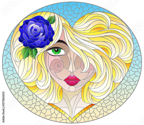 A stained glass illustration with a portrait of a girl with blond hair and a heart-shaped rose, on a blue background