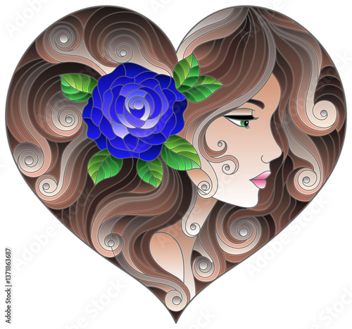 A stained glass illustration with a portrait of a girl with bright hair and a heart-shaped rose