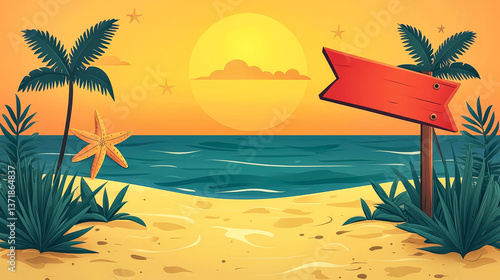 Sunset Beach Scene: Palm Trees, Starfish, and Ocean View