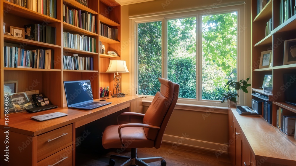 small but organized desk, laptop, and comfortable chair. Bookshelves and a warm color palette create an inviting workspace for both work and relaxation small but organized desk, laptop, and comfortable chair. Bookshelves and a warm color palette create an inviting workspace for both work and relaxation