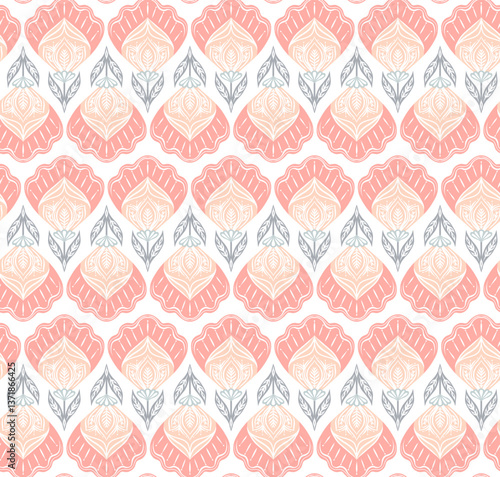Vector decorative seamless pattern with poppies in row in traditional style on white background. Folk art texture with tracery flowers