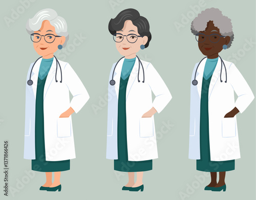 Vector set of flat clip arts of old women doctor professional different nationalities. Collection of woman pharmacist. Researcher in laboratory.