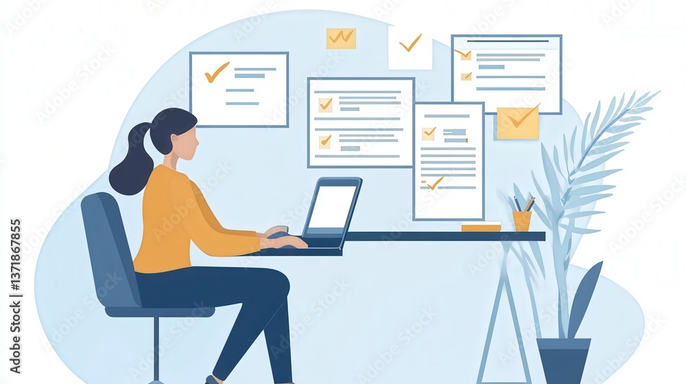busy professional documenting tasks on a laptop, marking completed items off a digital checklist as they go. busy professional documenting tasks on a laptop, marking completed items off a digital checklist as they go.