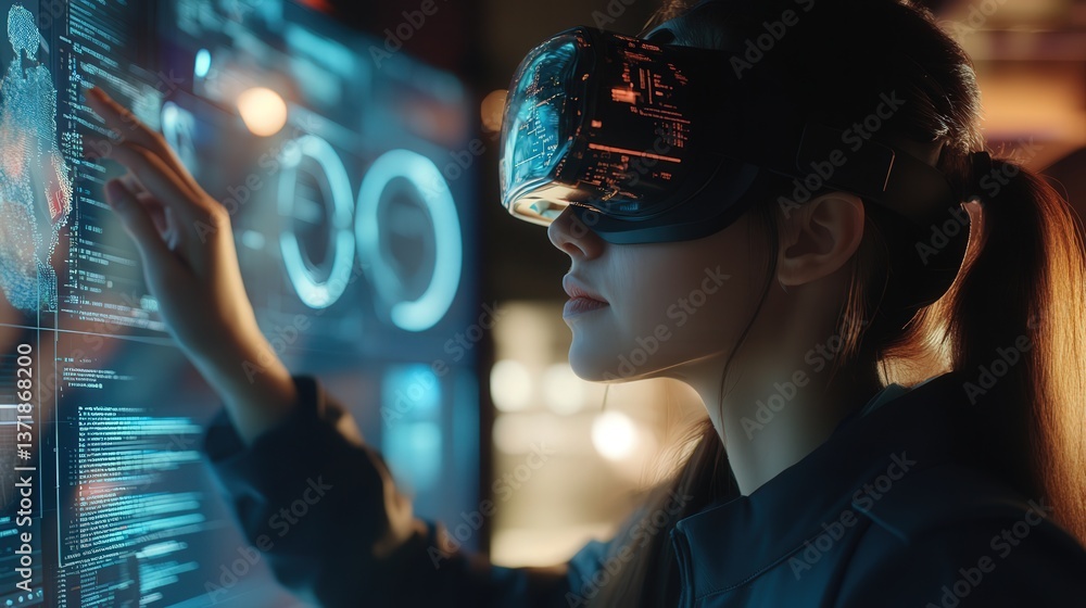 female coder working with augmented reality computer interfaces, ensuring cybersecurity measures are active in a virtual coding lab female coder working with augmented reality computer interfaces, ensuring cybersecurity measures are active in a virtual coding lab