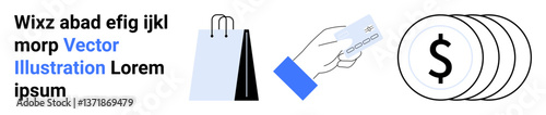 Shopping bag symbolizing retail, hand holding a credit card for cashless payment, and stacked coins for financial concepts. Ideal for e-commerce, finance, payment methods, banking, savings, trade