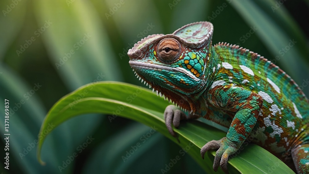 Obraz premium Vibrant Chameleon on Lush Green Leaf