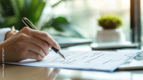 pen and filling out a personal loan form, the paper resting on a desk with a sleek laptop and finance-related documents beside it