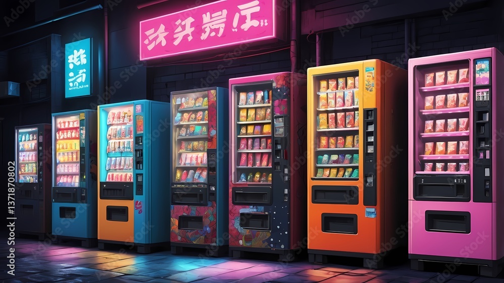 Japanese vending machines glowing in a dark alley, stylized in pixel pop-art aesthetics Japanese vending machines glowing in a dark alley, stylized in pixel pop-art aesthetics
