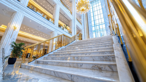 Elegant hotel lobby staircase with marble steps and golden railings, exuding luxury and sophistication