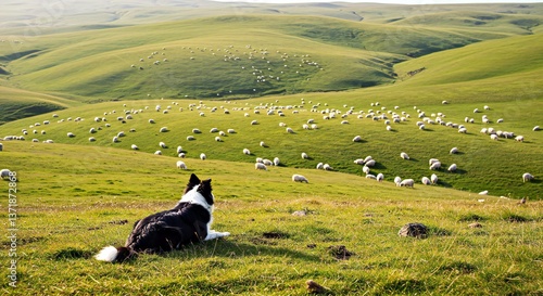 A Border Collie Lying Down on a Grassy Hilltop, Attentively Watching a Large Flock of Sheep Grazing Peacefully in the Rolling Hills Below