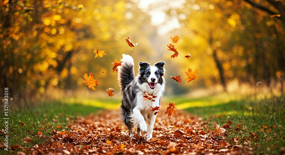 Fototapeta premium A Border Collie Running Through a Clearing in an Autumn Forest, Kicking up Fallen Leaves_