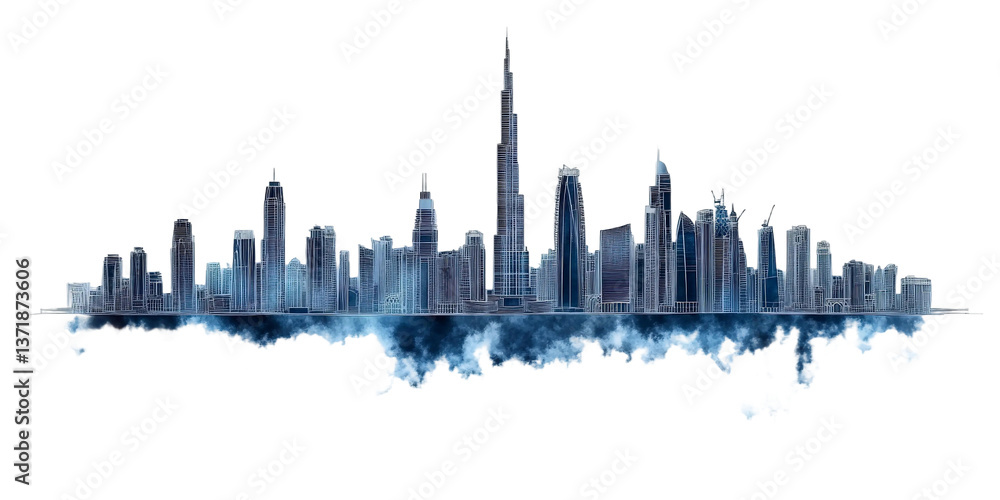 Naklejka premium Majestic Skyline of a Modern City at Dusk with Towering Skyscrapers and Dramatic Clouds Illuminated by Twilight Radiance