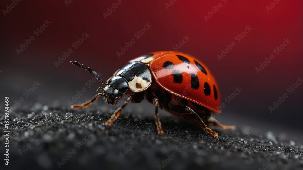 Fototapeta premium Close-up Ladybug on Dark Surface,Red and Black Insect