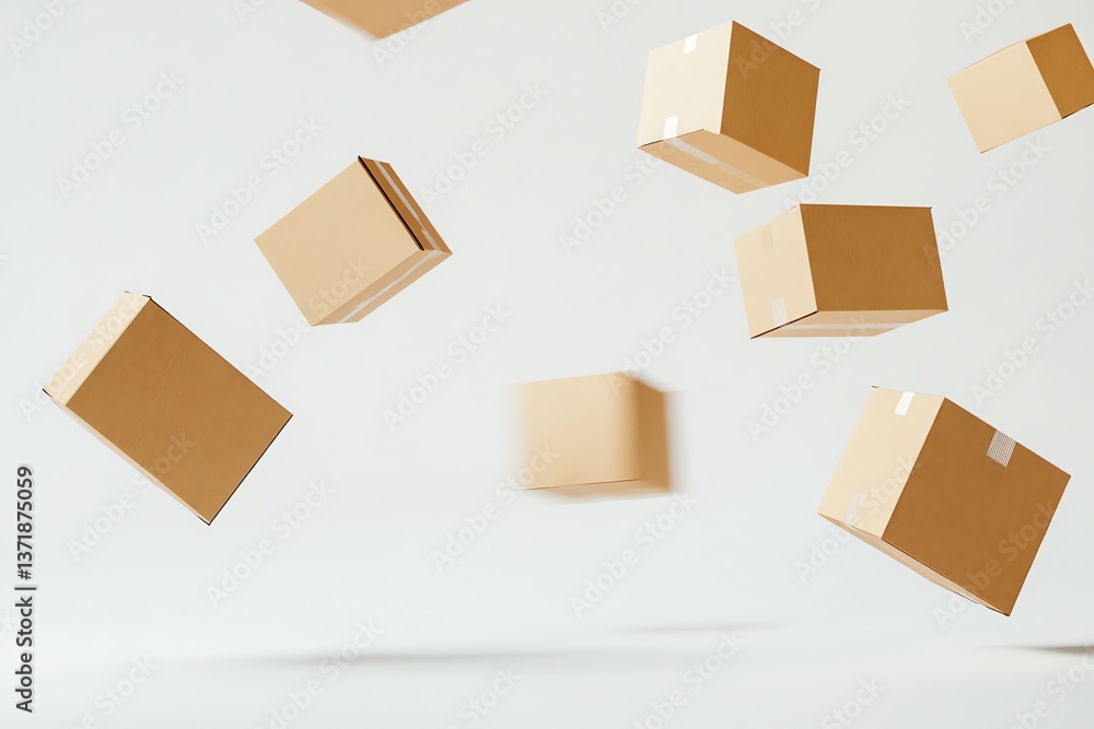 Obraz premium Cardboard Boxes Floating Dynamically on a White Background Representing Package Delivery