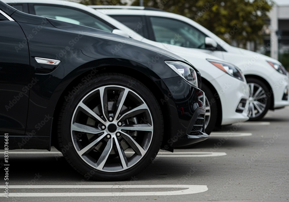 Highlighting their wheels and headlights, a row of black, gray, and white cars is parked in a close-up in a parking lot Highlighting their wheels and headlights, a row of black, gray, and white cars is parked in a close-up in a parking lot