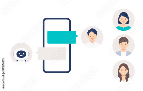 スマホでAIとチャットする若い男性（差し替え用のアイコンセット）【人物ベクターイラスト素材】