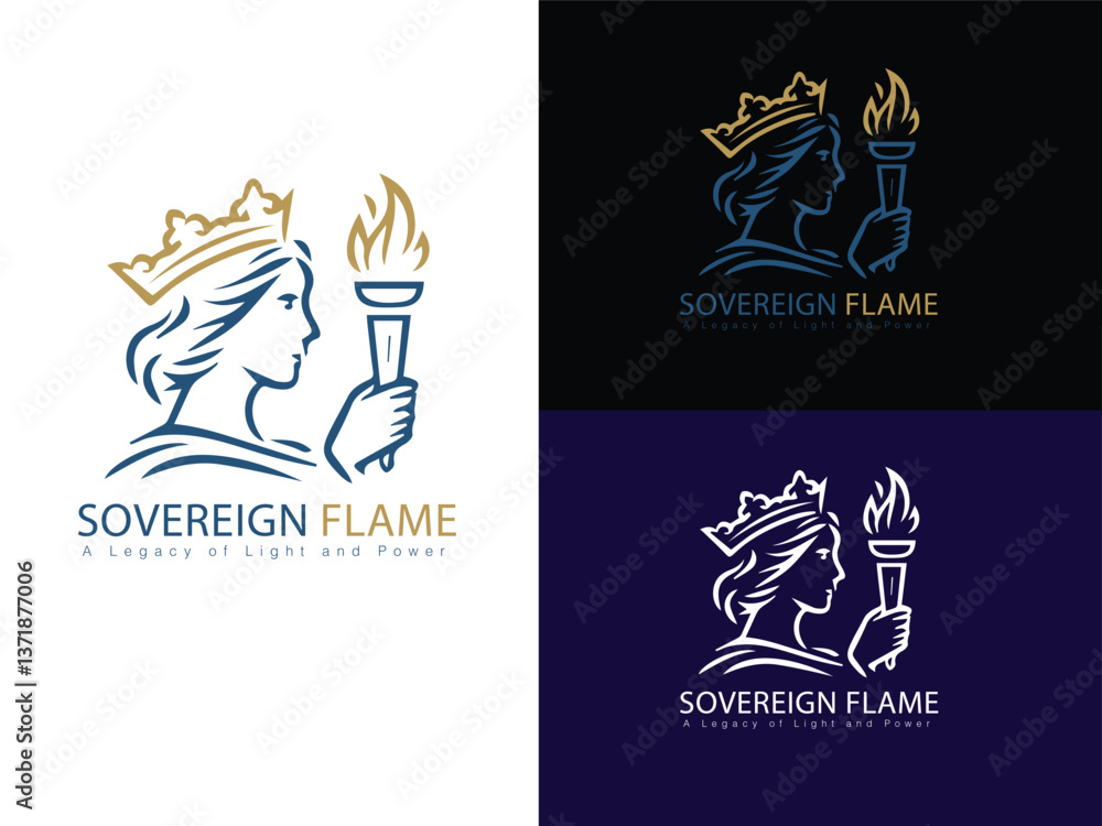 Obraz premium Sovereign Flame Logo Set: A visually compelling logo showcases a regal figure holding a torch with a vibrant flame, exuding an aura of empowerment and illumination.