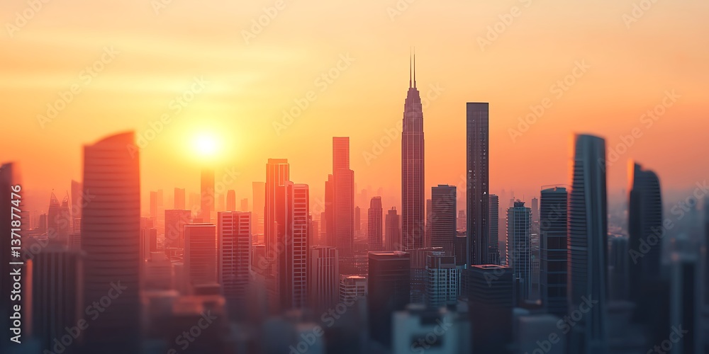 Fototapeta premium A breathtaking city skyline at sunset, with towering skyscrapers silhouetted against a colorful sky, creating a serene urban landscape.