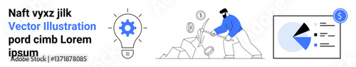 Light bulb representing ideas, a person collecting coins to symbolize revenue, and analytics dashboard demonstrating insights and financial growth. Ideal for business, finance, innovation, strategy