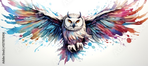 White background with drawings of colorful white owl for children, ai generative