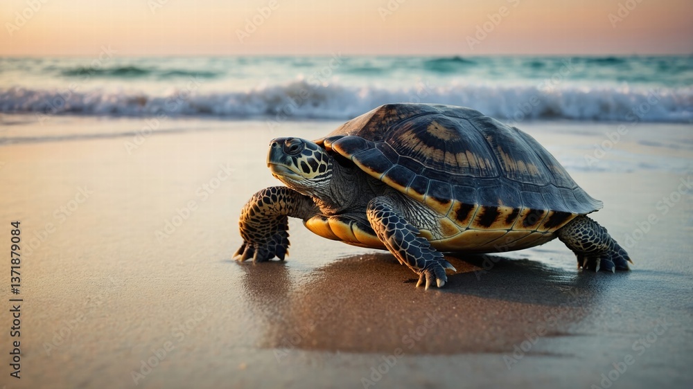 Obraz premium Sea Turtle on Beach at Sunset