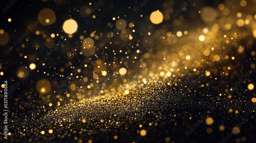 Obraz premium A dazzling display of golden bokeh lights and sparkling dust on a dark surface creating a magical effect