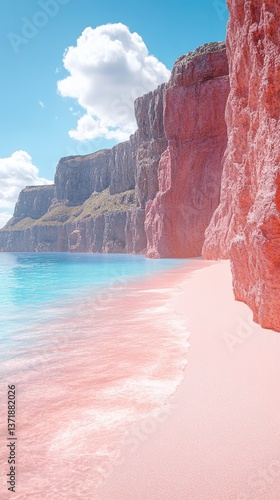 A coastal landscape pink beach, turquoise sea meets towering red cliffs under a blue sky