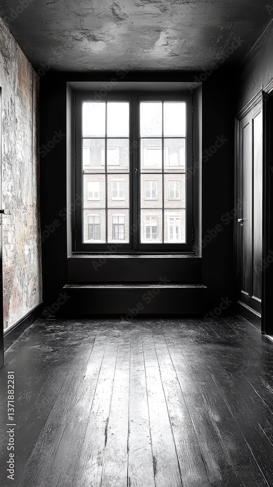 Interior view with a window and dark tones, textured wall and wooden floor adding an antique feel Interior view with a window and dark tones, textured wall and wooden floor adding an antique feel