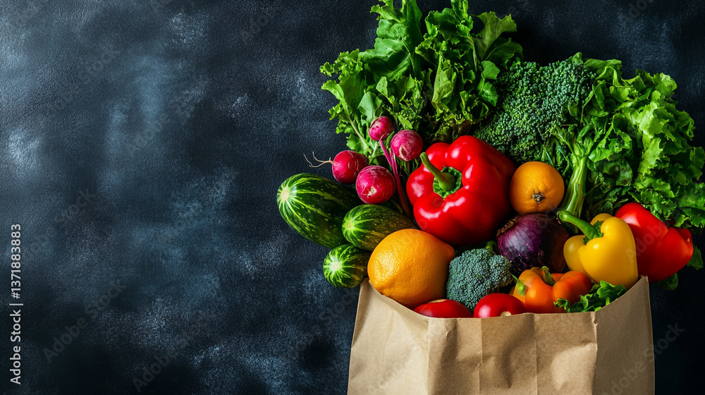 Assorted fresh vegetables in a brown paper bag against a dark textured background with copy space Assorted fresh vegetables in a brown paper bag against a dark textured background with copy space