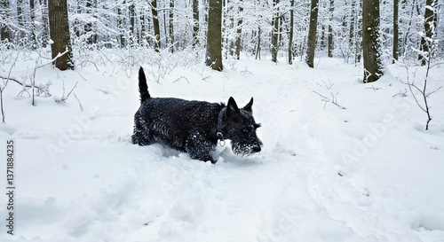 A Scottish Terrier in a Focused Tracking Posture, Its Nose to the Ground in a Snow-Covered Forest