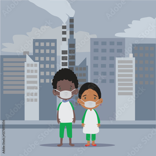 Children Wearing Masks in Polluted City