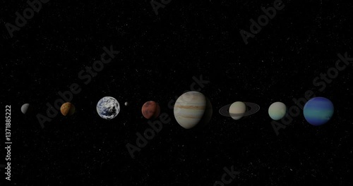 Solar system planets in outer space. Mercury, Venus, Earth with Moon, Mars, Jupiter, Saturn, Uranus, Neptune, Pluto. Elements of this 3d rendered footage were furnished by NASA.