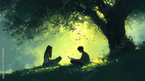 27. A couple sitting under a tree, playfully drawing in a sketchbook