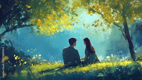 69. A couple sitting on the grass, lost in deep conversation