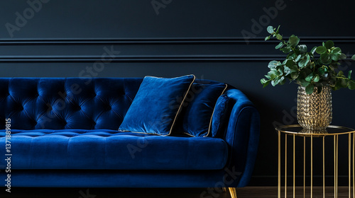 A luxurious blue velvet sofa with pillows and a gold side table with a vase of greenery near a dark wall