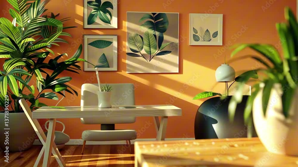 Bright modern office workspace with orange wall, botanical artwork and houseplants under warm natural sunlight. Concept of creative productivity and biophilic design Bright modern office workspace with orange wall, botanical artwork and houseplants under warm natural sunlight. Concept of creative productivity and biophilic design