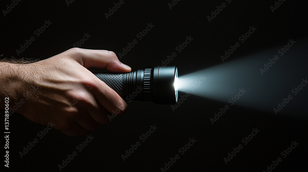 A hand holding a black flashlight with a bright beam of light shining against a dark background A hand holding a black flashlight with a bright beam of light shining against a dark background