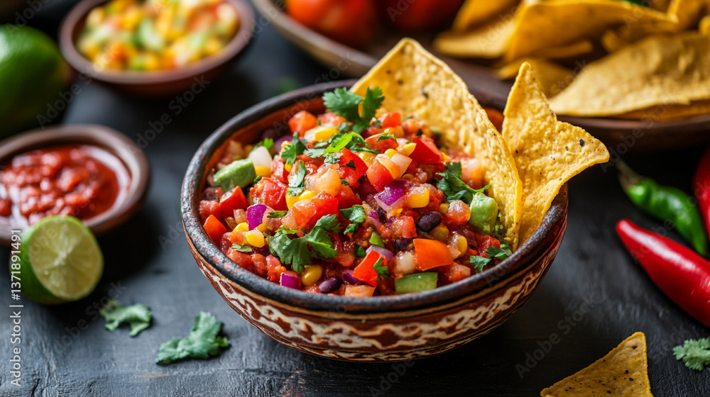 Close up of a bowl of salsa with chips and other ingredients on a dark background surface top view