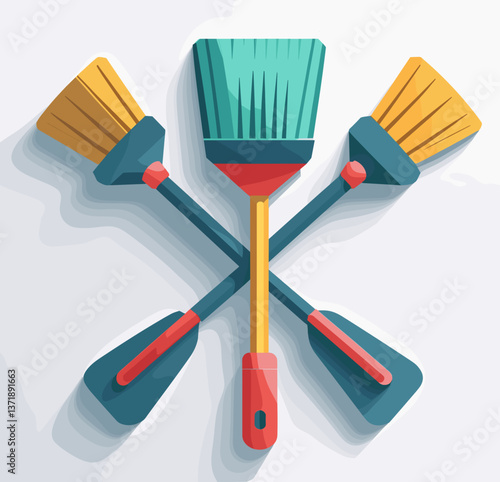 Broom and dustpan cleaning tools, colorful and modern design, flat lay, household essentials