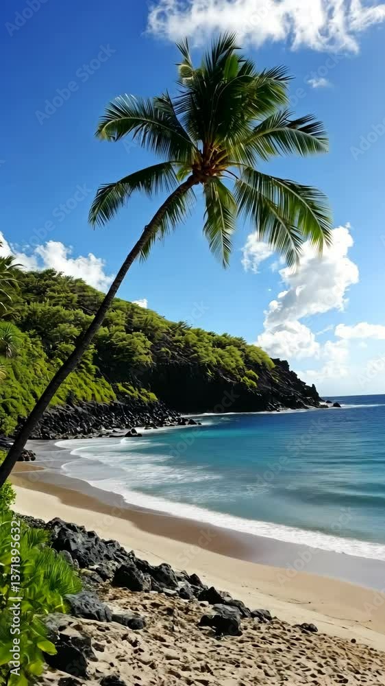 Serene tropical beach with palm trees and clear blue water under sunny skies Serene tropical beach with palm trees and clear blue water under sunny skies
