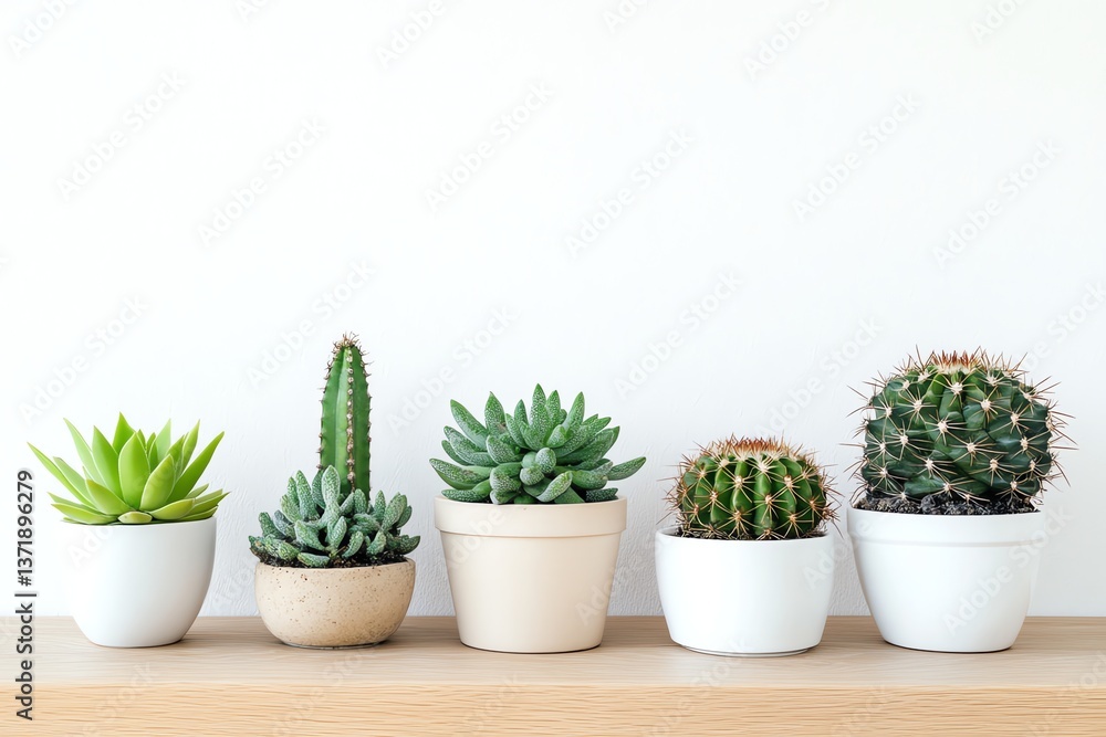 Assorted Cacti and Succulents in Pots Arranged on Wooden Shelf Assorted Cacti and Succulents in Pots Arranged on Wooden Shelf