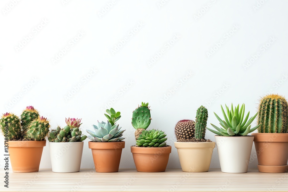 Diverse Cacti and Succulents in Pots Lining Shelf Against White Wall Diverse Cacti and Succulents in Pots Lining Shelf Against White Wall