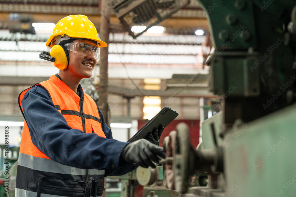 Confident engineer man with safety helmet standing analyzing with tablet in factory warehouse. Asian technician factory inspection and control machinery in industry factory. Confident engineer man with safety helmet standing analyzing with tablet in factory warehouse. Asian technician factory inspection and control machinery in industry factory.