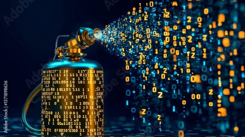 Innovative digital smart fire extinguisher featuring glowing binary code.