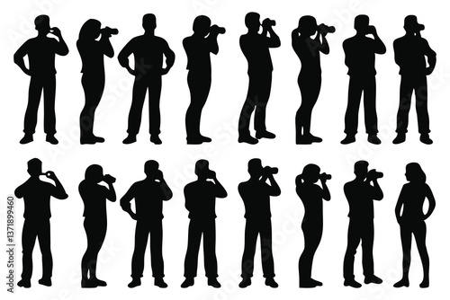  Photographer full body silhouettes set isolated flat vector illustration on white background