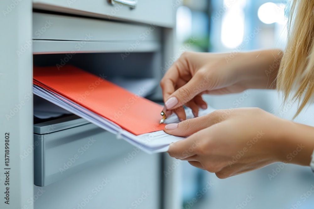 Naklejka premium Woman organizing documents in an office cabinet, focusing on a bright red folder.
