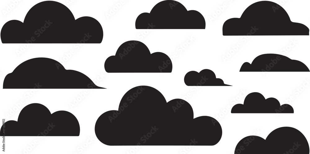 Black and white illustration of various cloud shapes Black and white illustration of various cloud shapes