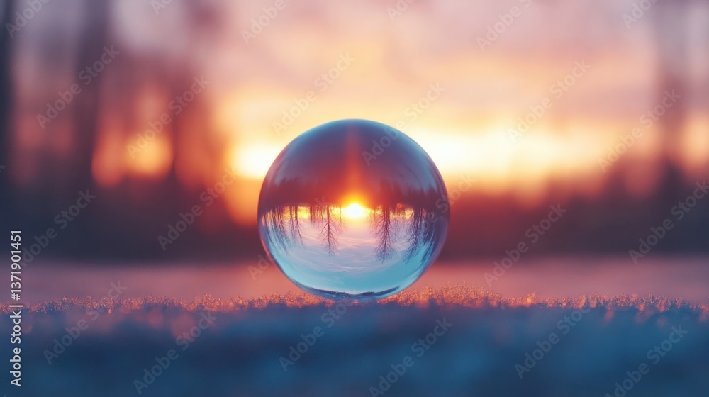 Glass ball reflecting winter sunset Glass ball reflecting winter sunset